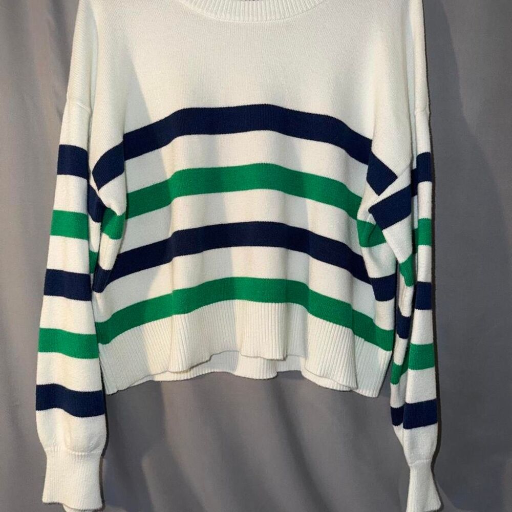 Everve white, navy blue, and green horizontal striped sweater